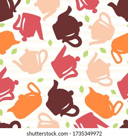 Seamless pattern of hand draw colorful teapots, kettles. Abstract leaves. Striped background. Print for clothes,bag, backdrop, cover, fabric textile, wallpaper, wrapping. Vector cooking concept.