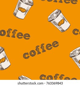 Seamless pattern with hand draw cup of coffee to go. Orange color