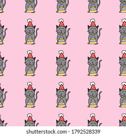 Seamless pattern of hand draw cute gray cat holding colorful layered cake in hands on pink background.