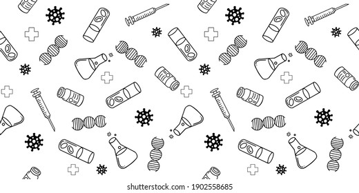 Seamless pattern. hand draw doodle icon N95-mask, Coronavirus, Covid-19, syringe, vaccine bottle, flask, dna strand, helix, test tube,