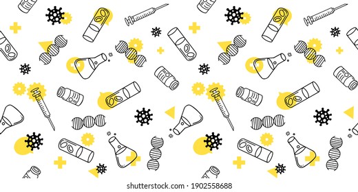 Seamless pattern. hand draw doodle icon N95-mask, Coronavirus, Covid-19, syringe, vaccine bottle, flask, dna strand, helix, test tube,