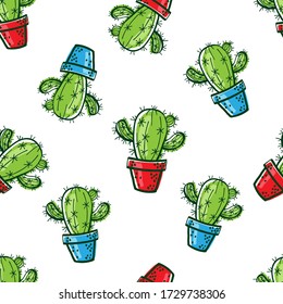 Seamless pattern with hand draw exotic cactuses in red and blue flower pots on white background. Decorative backdrop perfect for fabric textile, scrapbooking or wrapping paper design