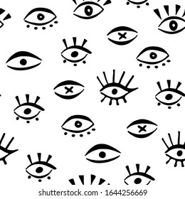 Seamless pattern with hand draw eye in doodle style. Cute repeat background. Texture for t shirt, wallpaper, card, poster, beauty salon. Vector Illustration