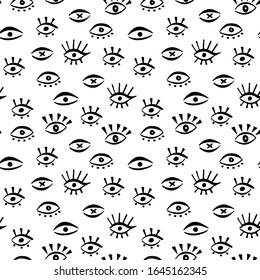 Seamless pattern with hand draw eye in doodle style. Cute repeat background. Texture for t shirt, wallpaper, card, poster, beauty salon. Vector Illustration