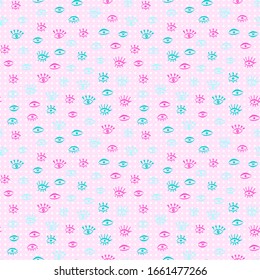 Seamless pattern with hand draw eye in doodle style. Cute repeat background. Texture for t shirt, wallpaper, card, poster, beauty salon. Vector Illustration