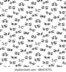 Seamless pattern. Hand draw eyes in comic style. Graphic illustration.Vector isolated. Various emotions. Eye medication; optometrist, ophthalmologist, glasses, contact lenses, vision research concept.
