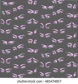 Seamless pattern. Hand draw eyes in comic style. Graphic illustration.Vector isolated. Various emotions. Eye medication; optometrist, ophthalmologist, glasses, contact lenses, vision research concept.