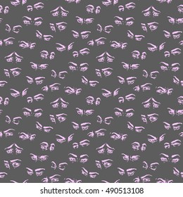 Seamless pattern. Hand draw eyes in comic style. Graphic illustration.Vector isolated. Various emotions. Eye medication; optometrist, ophthalmologist, glasses, contact lenses, vision research concept.