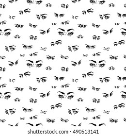 Seamless pattern. Hand draw eyes in comic style. Graphic illustration.Vector isolated. Various emotions. Eye medication; optometrist, ophthalmologist, glasses, contact lenses, vision research concept.