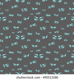 Seamless pattern. Hand draw eyes in comic style. Graphic illustration.Vector isolated. Various emotions. Eye medication; optometrist, ophthalmologist, glasses, contact lenses, vision research concept.