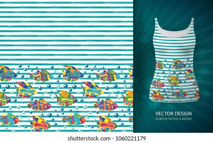 Seamless pattern with hand draw fantasy fish bodrer and horizontal Stripes. Summer print for fabric, textile, dress etc, used on singlet mock up.
