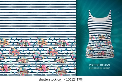 Seamless pattern with hand draw fantasy fish bodrer and horizontal Stripes. Summer print for fabric, textile, dress etc, used on singlet mock up.