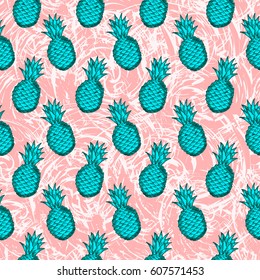 Seamless pattern from hand draw green pineapples on the creative background. Vector illustration. 