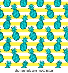 Seamless pattern from hand draw green pineapples, yellow and white lines. Vector illustration.