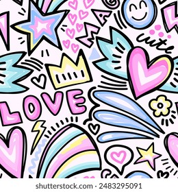 Seamless pattern with hand draw hearts, rainbow, stars and signs. Pastel Abstract print on white background for fabric, textile, wallpaper, apparel. Vector illustration for little girl. Cute style