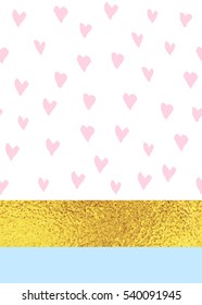 Seamless pattern with hand draw hearts, gold glitter texture and blue stripes.