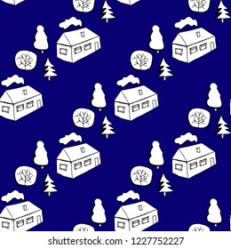 Seamless pattern hand draw houses and trees blue white color