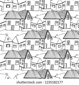 Seamless pattern hand draw houses black white color