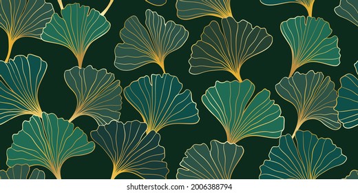 Nahtlose Muster von handgezeichneten Illustrationen Blumenumriss goldene Ginkgo-Biloba Blätter auf schwarzem Hintergrund. für Wanddekoration, Postkarten- oder Broschürengestaltung