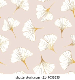 seamless pattern of hand draw illustrations floral outline golden ginkgo biloba leaves on pink background. for wall decoration, postcard or brochure cover design