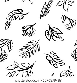 Seamless pattern with hand draw ink leaves and berries. Vector, isolated. Doodle, brush, light and minimalistic, light and simple. 