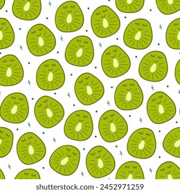 Seamless pattern of hand draw kiwi fruit with kawaii eyes on white background.Summer green fruit backdrop. Vector illustration in flat doodle cartoon style. Cute simple design.