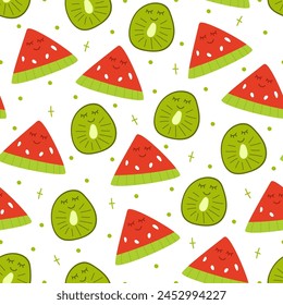 Seamless pattern of hand draw kiwi fruit and watermelon with kawaii eyes on white background.Summer green fruit backdrop. Vector illustration in flat doodle cartoon style. Cute simple design.