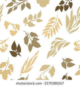 Seamless pattern with hand draw leaves and berries. Vector, isolated. Doodle, brush, light and minimalistic, pastel colors and simple
