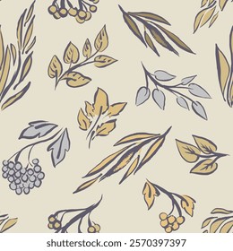 Seamless pattern with hand draw leaves and berries. Vector, isolated. Doodle, brush, light and minimalistic, pastel colors, brown and gray, simple and nice.