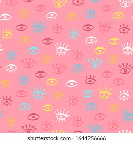Seamless pattern with hand draw pink, red, yellow, blue eye in doodle style. Cute repeat background. Texture for t shirt, wallpaper, card, poster, beauty salon. Vector Illustration