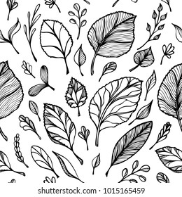 Seamless pattern from Hand draw structure of  leaves black on white in line art for design flyer banner or for decoration package of  tea or cosmetic or  perfume or for design of botanical theme