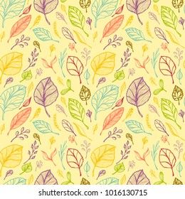 Seamless pattern from Hand draw structure of  leaves colorful on yellow in line art for design flyer banner or for decoration package of  tea or cosmetic or  perfume or for design of botanical theme