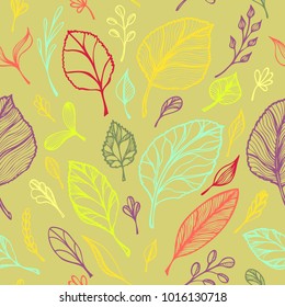 Seamless pattern from Hand draw structure of  leaves colorful on green in line art for design flyer banner or for decoration package of  tea or cosmetic or  perfume or for design of botanical theme