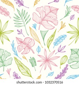 Seamless pattern from hand  draw structure of  tropic leaves colorful on white in line art for creative design package of  cosmetic or  perfume or for design of  botanical theme