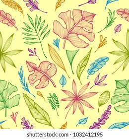 Seamless pattern from hand  draw structure of  tropic leaves colorful on yellow in line art for creative design package of  cosmetic or  perfume or for design of  botanical theme