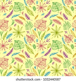Seamless pattern from hand  draw structure of  tropic leaves colorful on yellow in line art for creative design package of  cosmetic or  perfume or for design of  botanical theme