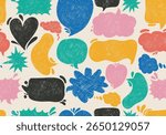 Seamless pattern hand draw text boxes, speech colored bubbles with crayon or chalk texture. Hand drawn callout clouds. Speech bubbles various shapes. Vector retro illustration on a white background.