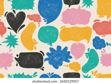 Seamless pattern hand draw text boxes, speech colored bubbles with crayon or chalk texture. Hand drawn callout clouds. Speech bubbles various shapes. Vector retro illustration on a white background.