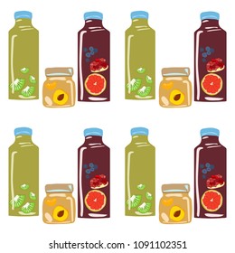 Seamless pattern with hand draw texture. Detox. Healthy lifestyle. Cute bottles of juice and smoothies.Transparent background