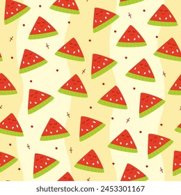 Seamless pattern of hand draw watermelon fruit with kawaii eyes on yellow background.Summer green,red, pink fruit backdrop. Vector illustration in flat doodle cartoon style. Cute simple design.