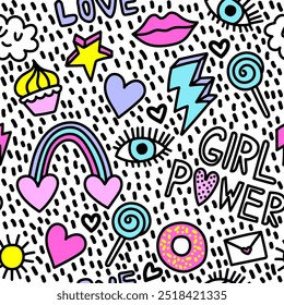 Seamless pattern with hand draw words, slogan, heart and signs. Bright print on white background for fabric, wrapping, textile, wallpaper, apparel. Vector illustration for teen girl. 
