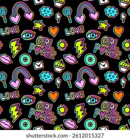 Seamless pattern with hand draw words, slogan and icons. Bright  neon Abstract print on black background for fabric, wrapping, wallpaper, apparel. Vector illustration for teen girl