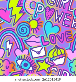 Seamless pattern with hand draw words, heart and signs. Bright  Abstract print on rainbow background for fabric, wrapping, textile, wallpaper, apparel. Vector illustration for teen