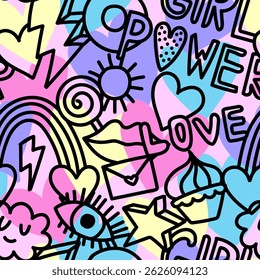 Seamless pattern with hand draw words, hearts and signs. Bright  Abstract print on rainbow background for fabric, wrapping, textile, wallpaper, apparel. Vector illustration for teen girl. 