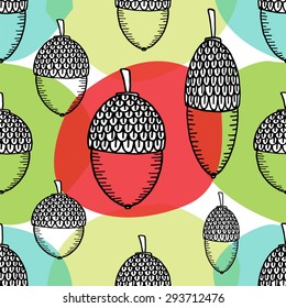 seamless pattern hand drawing acorns on a background of colored circles (green, red, yellow, blue)