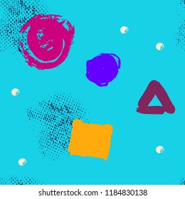 Seamless pattern. Hand drawing. Acrylic paints, brushes. Background for your creativity. Blue Modern background. Memphis style