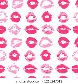 Seamless pattern. Hand drawing. Acrylic paints, brushes. Background for your creativity. Lips, kiss, lipstick. Pink