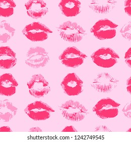 Seamless pattern. Hand drawing. Acrylic paints, brushes. Background for your creativity. Lips, kiss, lipstick. Pink background