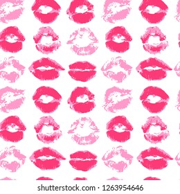Seamless pattern. Hand drawing. Acrylic paints, brushes. Background for your creativity. Lips, kiss, Pink lipstick