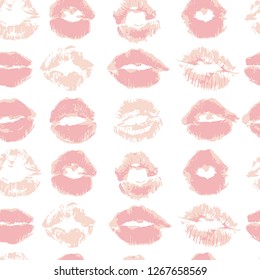 Seamless pattern. Hand drawing. Acrylic paints, brushes. Background for your creativity. Lips, kiss, lipstick. Pastel pink